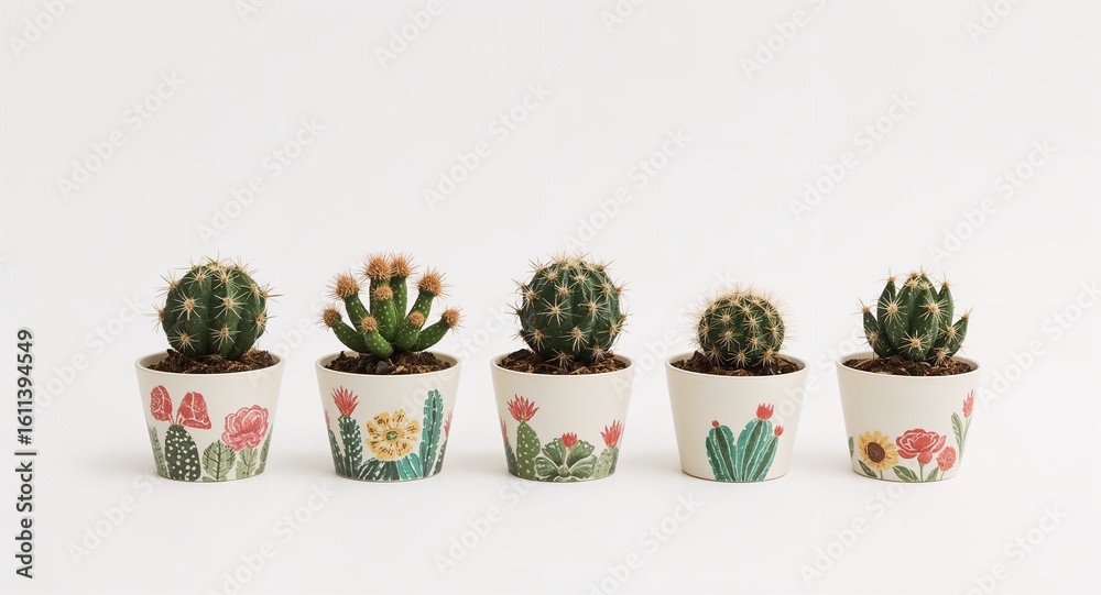 Fototapeta premium Mini cacti with hand painted pots in row on plain white background