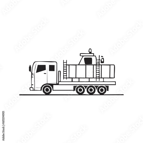 Black and white illustration of a water truck on a flatbed trailer