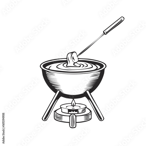 Classic Fondue Pot with Cheese on a Fork over a Burning Candle Illustration