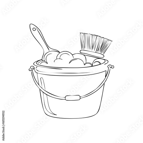 Bucket of soapy water with cleaning brush and scoop illustration