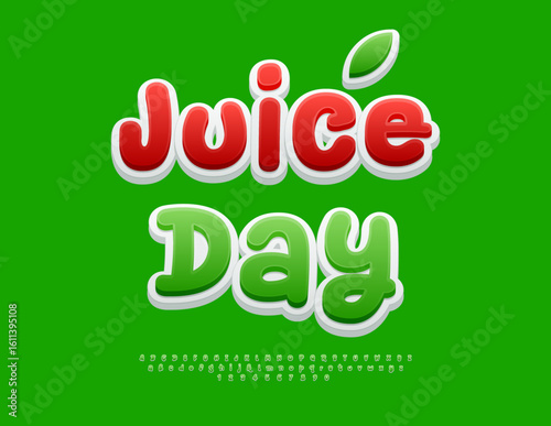 Vector Eco label Juice Day. Funny Green Font. Handwritten Alphabet Letters and Numbers set.
