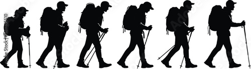 Silhouette sequence of a hiker walking with backpack and trekking poles – hiking, trekking, adventure, nature exploration vector illustration