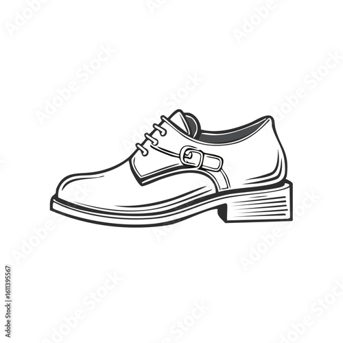 Elegant monochrome illustration of a classic mens formal dress shoe with buckle and laces