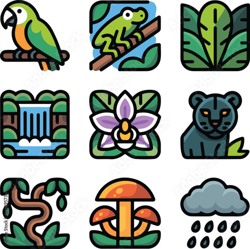 Tropical jungle elements icons parrot frog waterfall orchid panther vine mushrooms rain