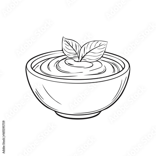 Hand drawn sketch of creamy sauce in a bowl with basil leaves garnish, a black and white line art illustration