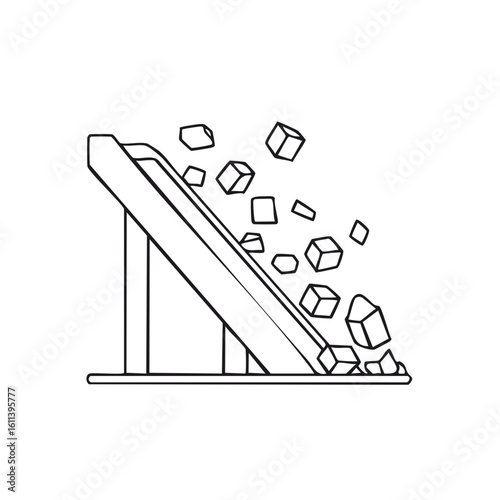 Simple line art of cubes and blocks tumbling down an industrial chute.