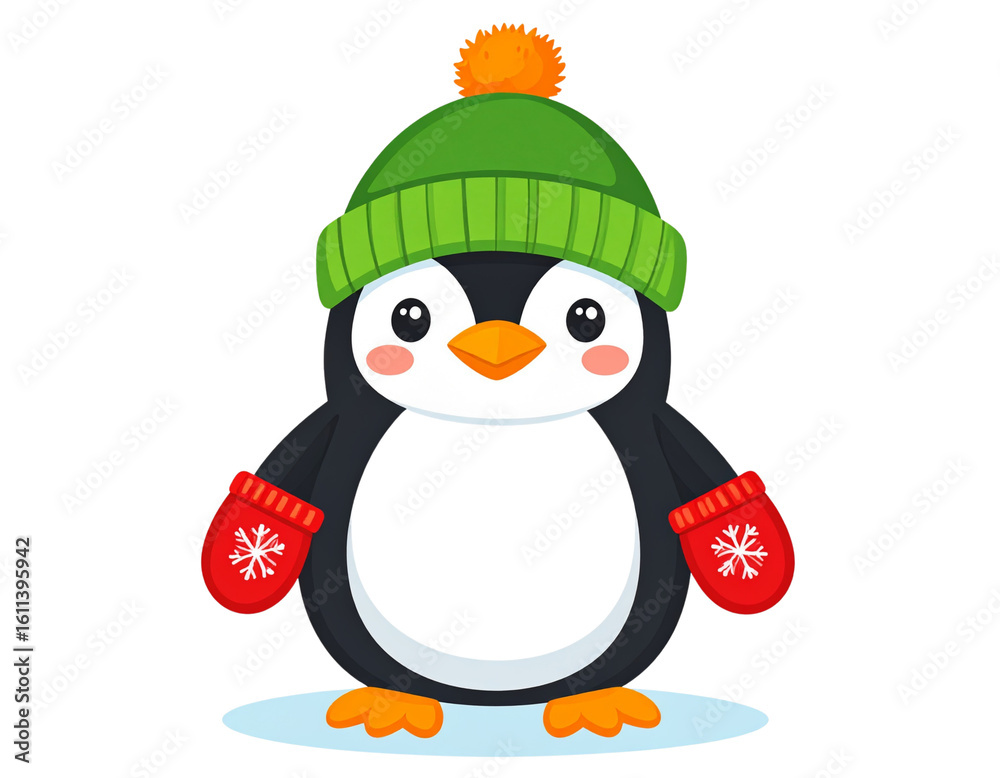 Naklejka premium Stylized Flat Vector Penguin with Winter Hat and Mittens, isolated on a transparent background.