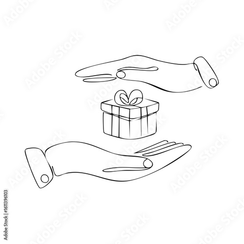 Elegant hand gesture line art offering a gift box, conveying generosity and minimalistic design for promotions and celebrations