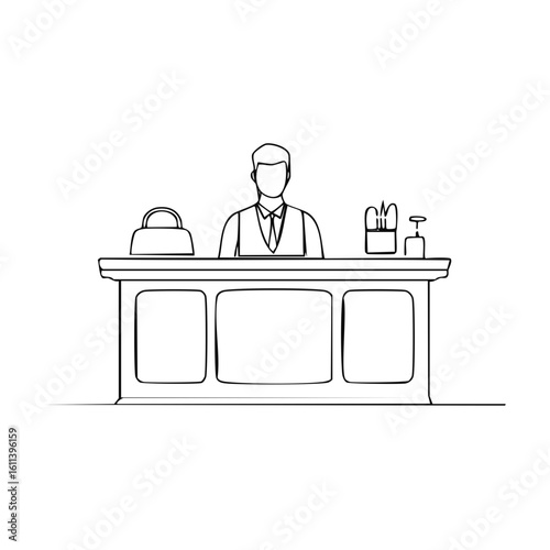Monoline drawing of a judge or court clerk at a bench with gavel and microphone