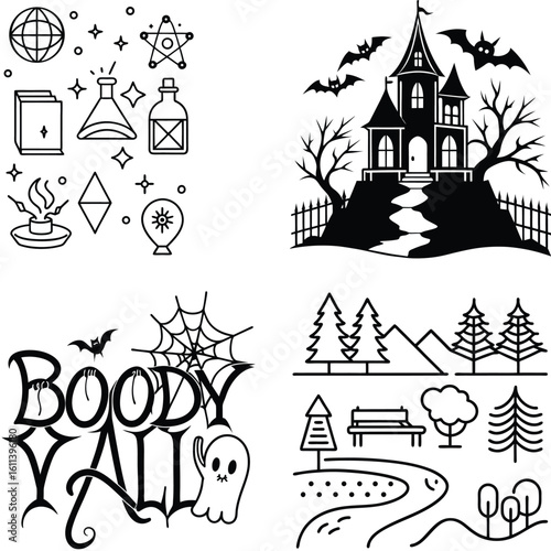 Art of a collection of spooky halloween and witchcraft icons, featuring a haunted house, bats, ghosts, and magic symbols