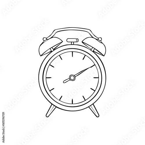 Vintage twin bell alarm clock hand drawn sketch illustration black and white line art