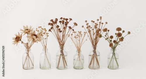 Mini flower vases and dried flowers arranged on plain white background