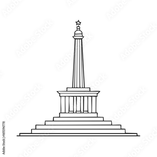 Line art of tall obelisk memorial monument with star decoration and multiple steps