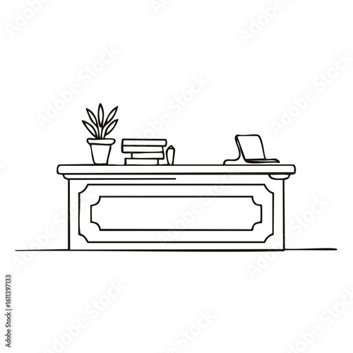 Line drawing of a reception desk with a laptop and potted plant