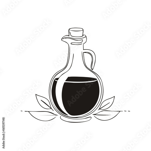 Olive oil in a bottle, condiment drawing with olive leaves for kitchen art