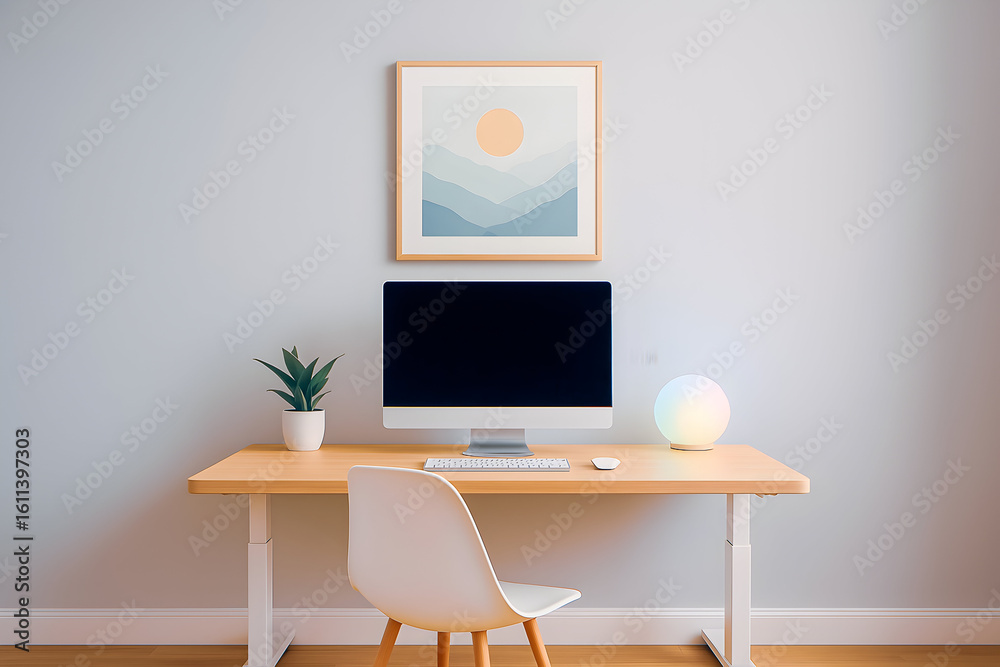 Fototapeta premium Minimalist Home Office Desk with Computer and Soft Lighting