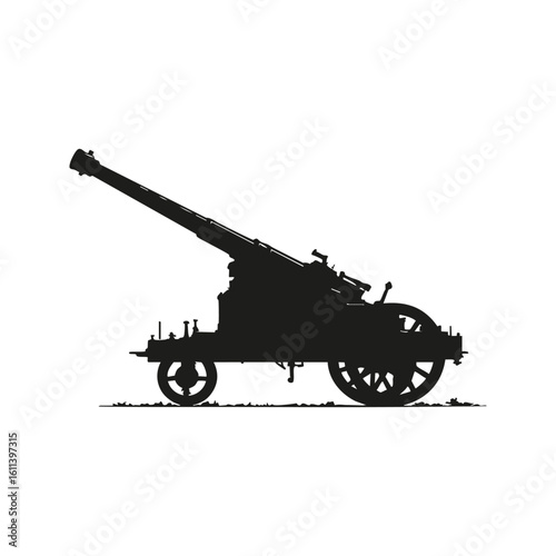 Silhouette Of A Vintage Artillery Cannon. Historical Warfare And Military Equipment. Isolated Vector Illustration