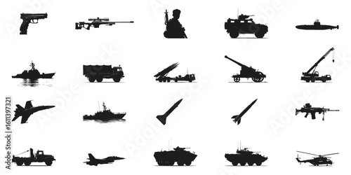 Military Equipment Silhouette Set. Defense And Warfare Symbol Collection. Security And Tactical Use. Isolated Vector Illustration