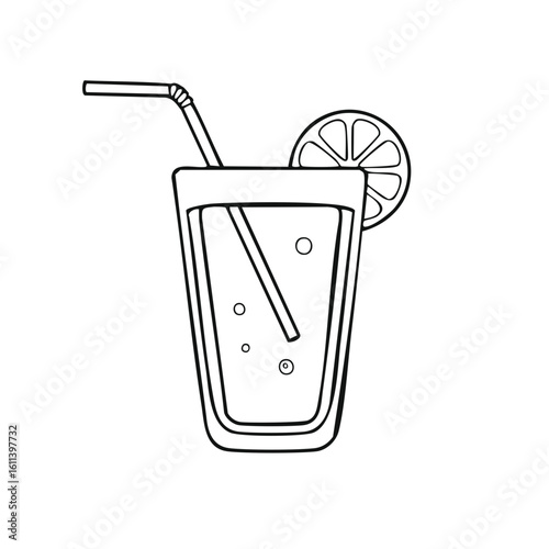 Line art illustration of a refreshing cold drink in a tall glass with a straw and citrus slice garnish