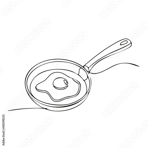 Continuous line art drawing of a fried egg cooking in a frying pan for a morning breakfast meal