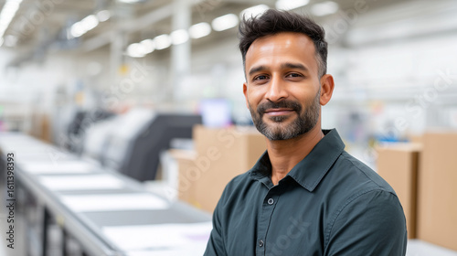 A confident individual smiling at the camera in a warehouse environment. The setting suggests productivity and business operations