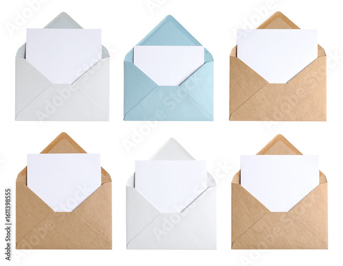 Assorted open envelopes with blank cards neatly arranged on white background PNG