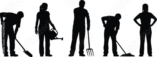 Gardening and yard work silhouettes of men and women using tools like shovels, watering cans, rakes, and pitchforks, vector illustration