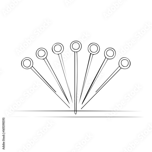 Sewing pins with round heads in a line art formation piercing a line, creating a whimsical sewing craft illustration