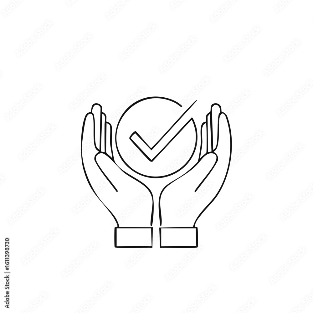 Fototapeta premium Hands Cupping Check Mark Inside Circle Simple Outline Illustration Representing Approval or Success
