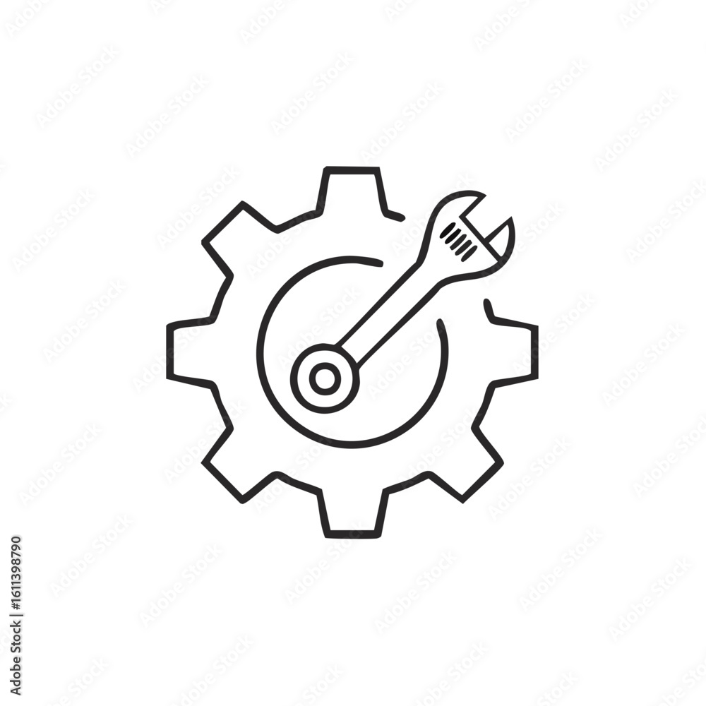 Obraz premium Maintenance and Repair Service Line Icon with Gear and Wrench Vector