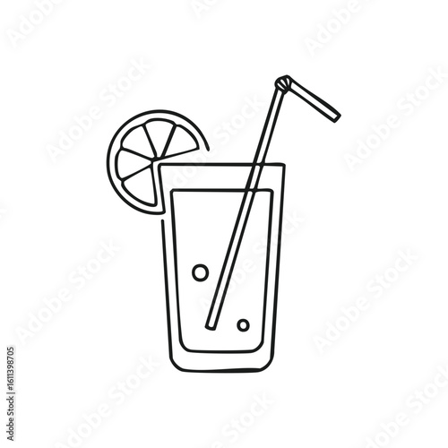 Simple line drawing of a refreshing glass of juice with a lemon slice and straw