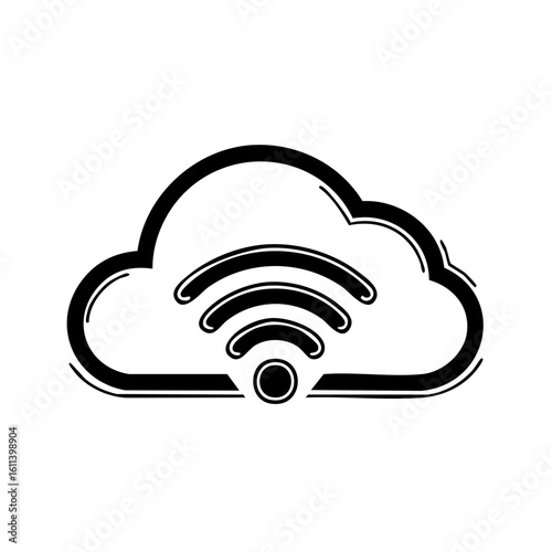 Cloud with Wi-Fi Signal Symbol in Black and White