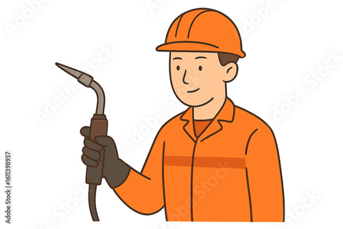 Vector illustration depicting a welder wearing protective gear, including a helmet and gloves, while holding a welding rod