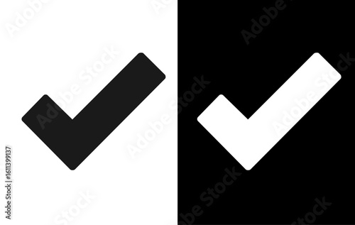 Illustration of a tick icon with a minimalist design in two contrasting color variants: black on a white background and white on a black background.