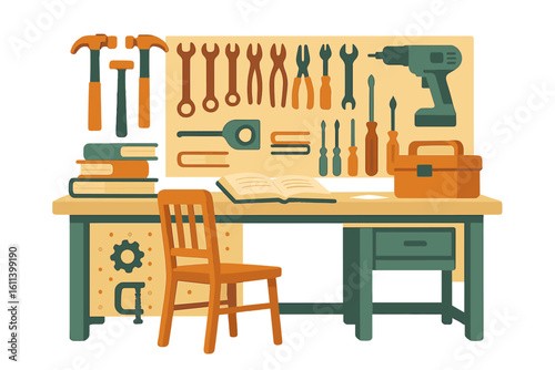 Cartoon flat isolated vector concept of a home workshop interior featuring tools, work table, and special machines, along with various construction equipment and supplies for craftsmen and carpenters