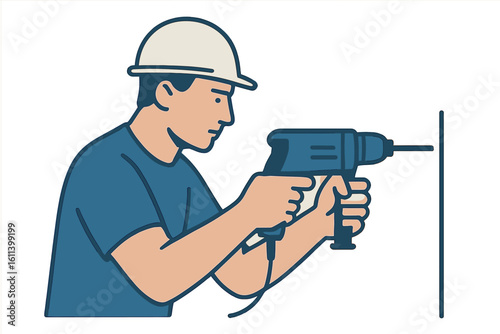 A construction worker in a hard hat and blue overalls operates a power drill on a metal surface, ideal for various design applications