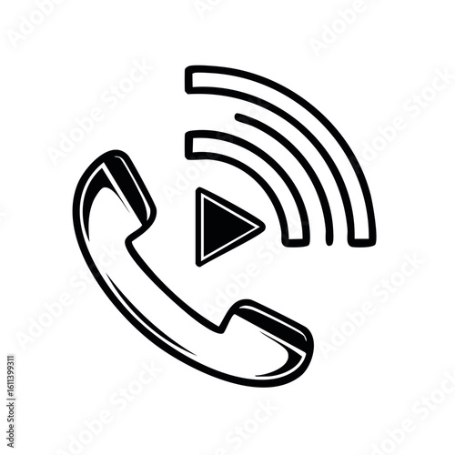 Voicemail or voice message icon with telephone handset play button and signal waves