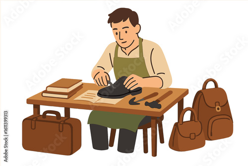 Vector illustration of a cartoon shoemaker fixing a shoe in a workshop filled with various tools and equipment