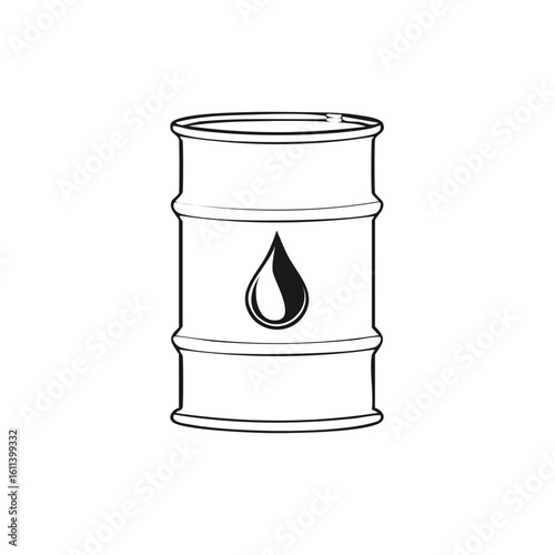 Black and white illustration of an oil barrel with a droplet of fuel on the side