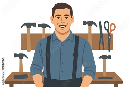 Vector illustration of a smiling male carpenter wearing uniform and glasses, posing happily in a woodwork workshop