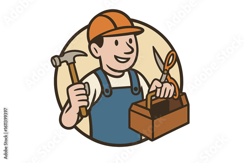 A professional carpenter is depicted as a vector illustration character in a flat style