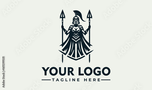 A stylized illustration of a warrior figure in armor, holding spears, with a helmet and cape.