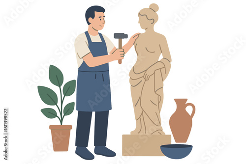 A craftsman is carving a handmade stone sculpture with a chisel in his workshop, creating an art piece as part of his sculpting job