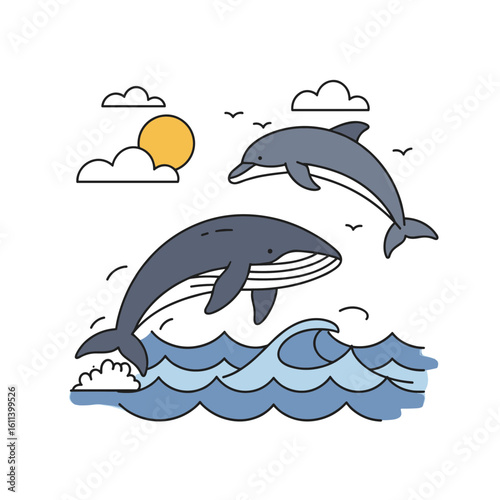 Dolphins and whales swimming together in ocean waves and sunshine  