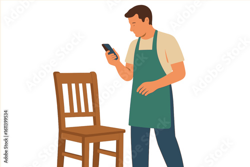 Woodworker creates handmade wooden chair, polishing and restoring wood, as a skilled carpenter, joiner and restorer, in a flat graphic vector illustration on a white background