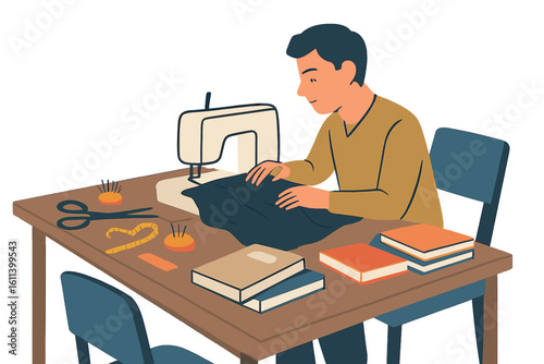 Cobbler artisan sitting at desk cutting leather shoe pattern represents craftsman professional occupation concept