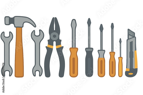 Icon set for construction tools including a hammer, wrench, saw, hard hat, and various other equipment