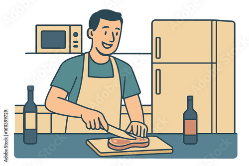 A man, clad in an apron, carefully crafts cuisine with tender attention to detail, set against a peaceful atmosphere and infused with an intense devotion to his work