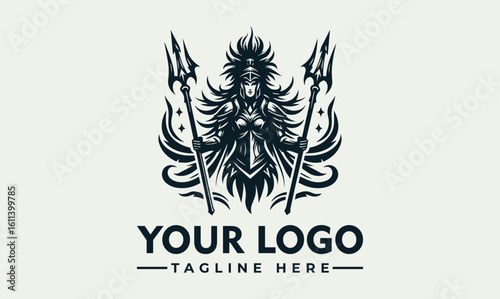 A stylized logo featuring a female warrior figure holding tridents, surrounded by decorative elements.