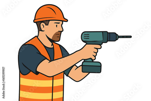 A construction worker wearing a hard hat and safety vest, exuding cheerfulness, grasps a nail gun and prepares for a day of work at a building site set against a light blue backdrop